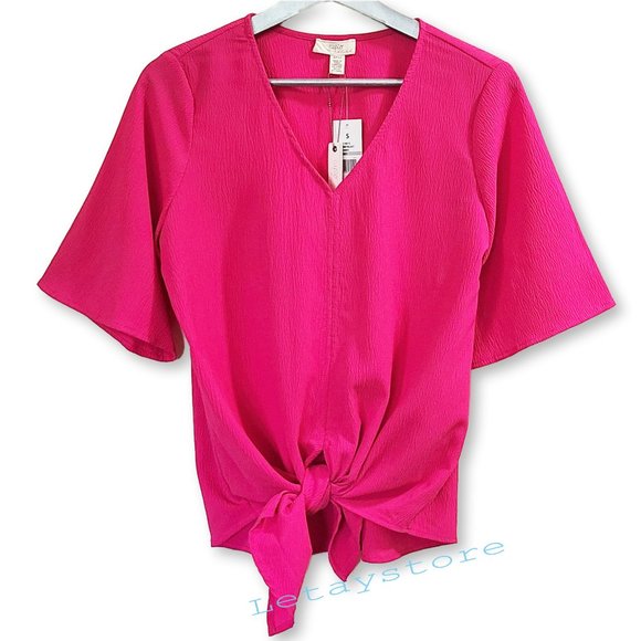 NWT Cupio Blush V-neck Tie Front Textured Pink Shirt Blouse - Picture 2 of 5
